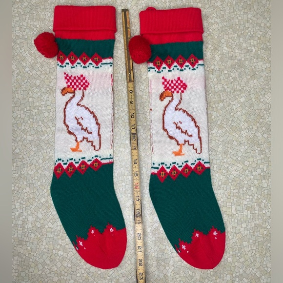 Vintage Knit Christmas Stocking Goose '80s Long Skinny Stretchy Green White Red - Picture 2 of 5